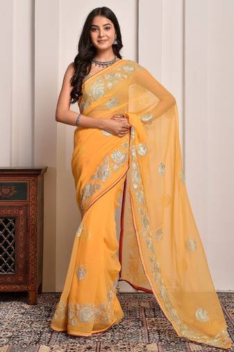Yellow traditional gota work georgette saree with unstitched blouse piece