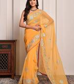 Yellow traditional gota work georgette saree with unstitched blouse piece
