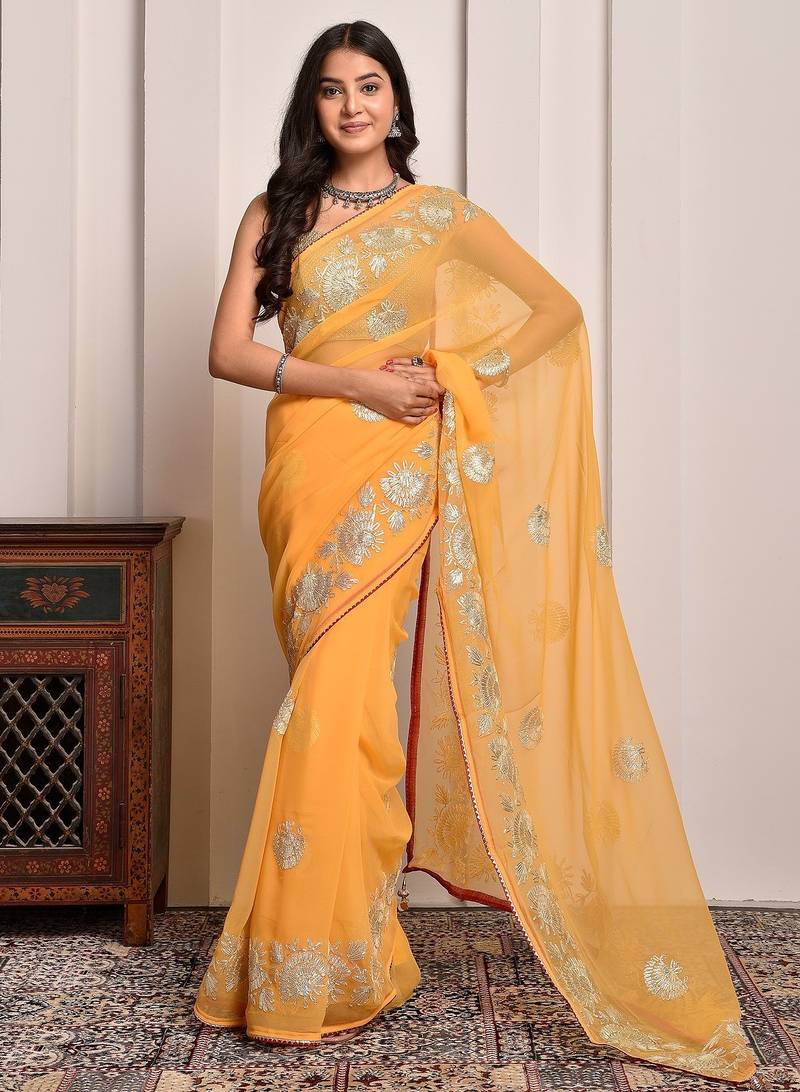 Yellow traditional gota work georgette saree with unstitched blouse piece