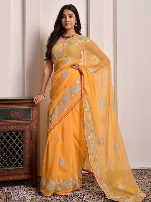 Yellow traditional gota work georgette saree with unstitched blouse piece 2