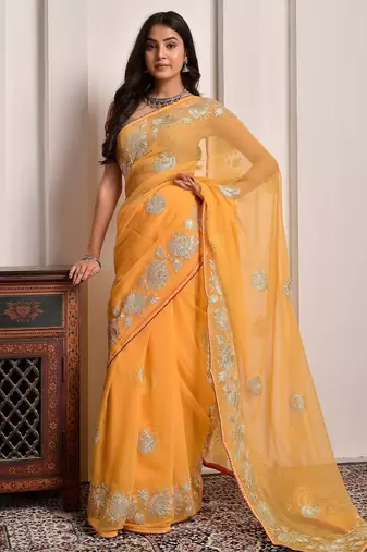 Yellow traditional gota work georgette saree with unstitched blouse piece