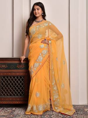 Yellow traditional gota work georgette saree with unstitched blouse piece 3