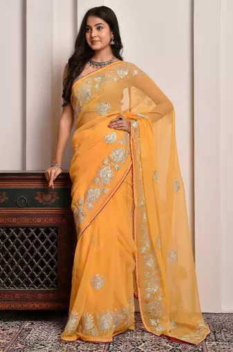 Yellow traditional gota work georgette saree with unstitched blouse piece