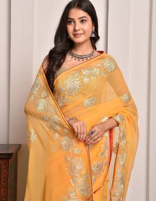 Yellow traditional gota work georgette saree with unstitched blouse piece 4