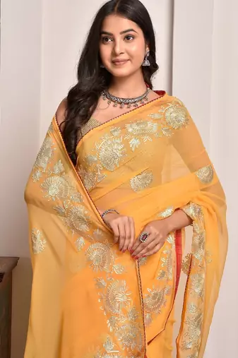 Yellow traditional gota work georgette saree with unstitched blouse piece