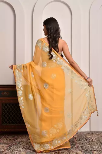 Yellow traditional gota work georgette saree with unstitched blouse piece