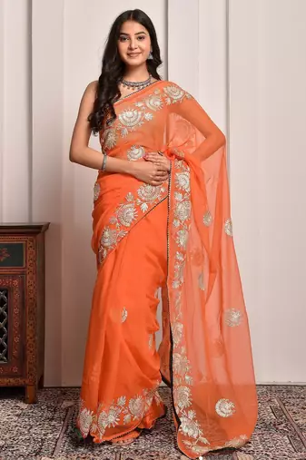 Orange glow gota georgette statement saree with unstitched blouse piece