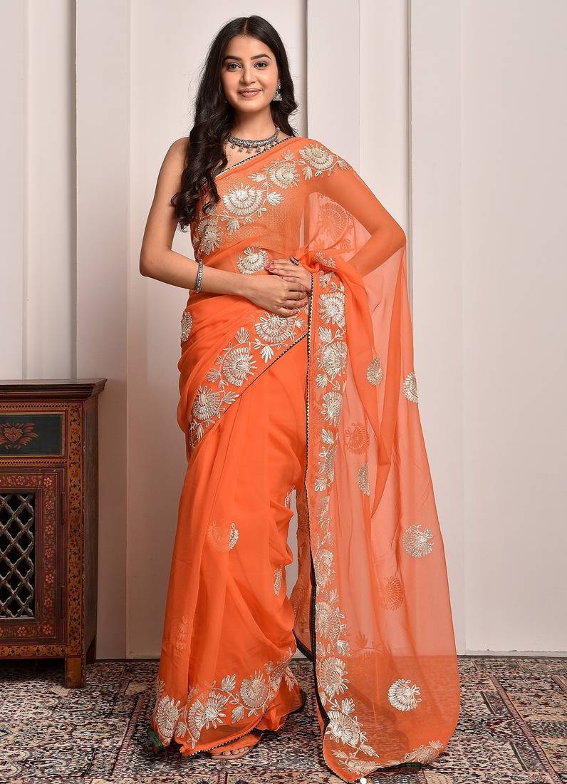Orange glow gota georgette statement saree with unstitched blouse piece