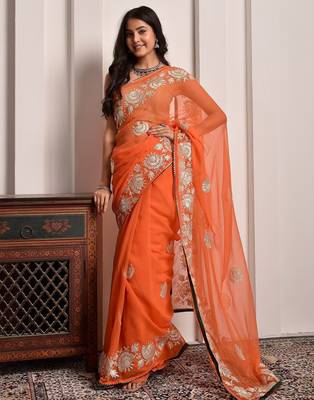 Orange glow gota georgette statement saree with unstitched blouse piece 2