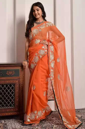 Orange glow gota georgette statement saree with unstitched blouse piece