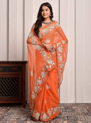 Orange glow gota georgette statement saree with unstitched blouse piece 3