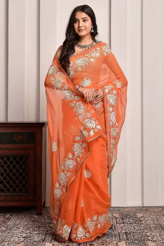 Orange glow gota georgette statement saree with unstitched blouse piece