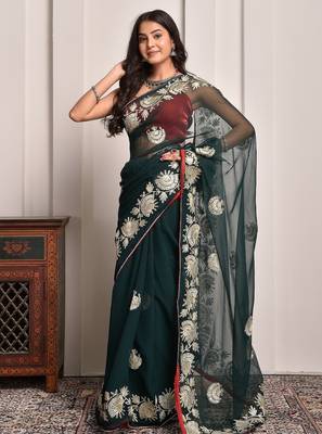 Regal green gota embroidered georgette saree with unstitched blouse piece 1
