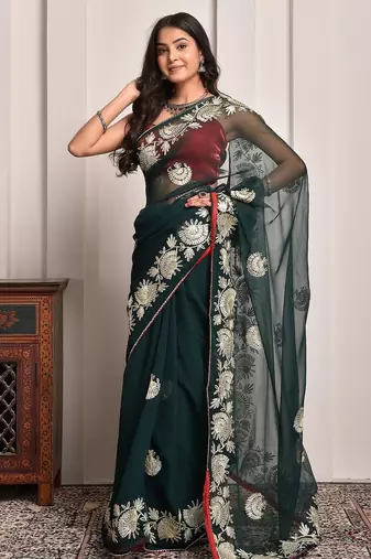 Regal green gota embroidered georgette saree with unstitched blouse piece