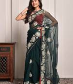 Regal green gota embroidered georgette saree with unstitched blouse piece