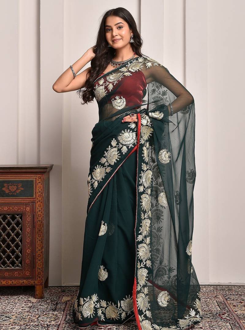 Regal green gota embroidered georgette saree with unstitched blouse piece