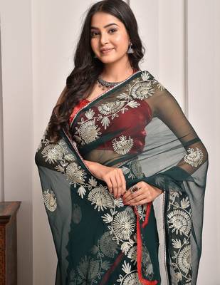 Regal green gota embroidered georgette saree with unstitched blouse piece 2