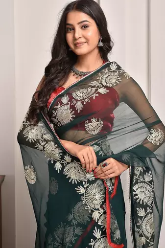 Regal green gota embroidered georgette saree with unstitched blouse piece