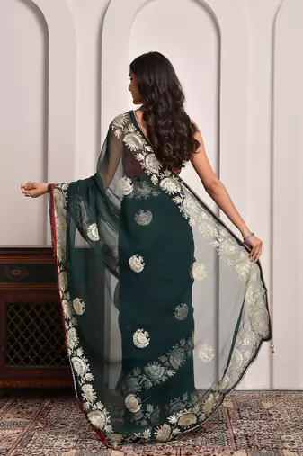 Regal green gota embroidered georgette saree with unstitched blouse piece