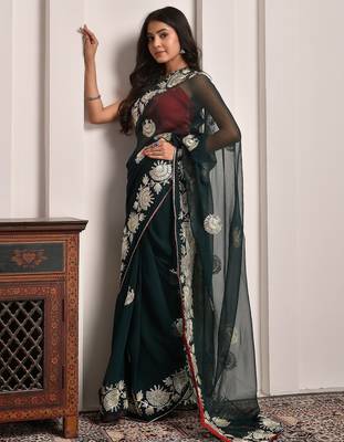 Regal green gota embroidered georgette saree with unstitched blouse piece 4