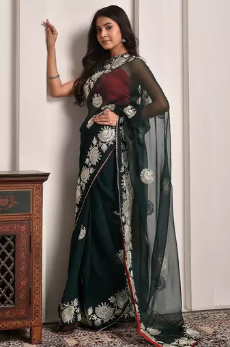 Regal green gota embroidered georgette saree with unstitched blouse piece