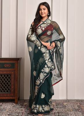 Regal green gota embroidered georgette saree with unstitched blouse piece 5