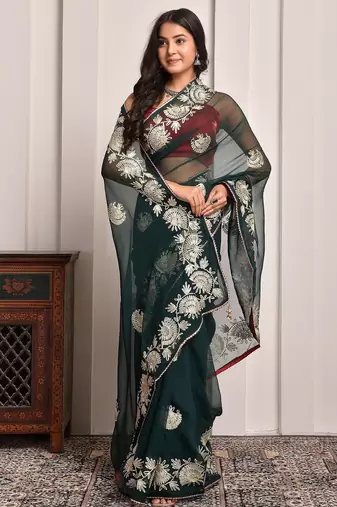 Regal green gota embroidered georgette saree with unstitched blouse piece