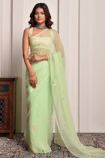 Pista green hand embellished chiffon saree