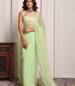 Pista green hand embellished chiffon saree