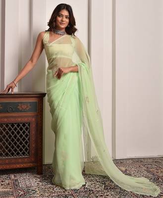 Pista green hand embellished chiffon saree 2