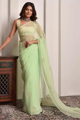 Pista green hand embellished chiffon saree