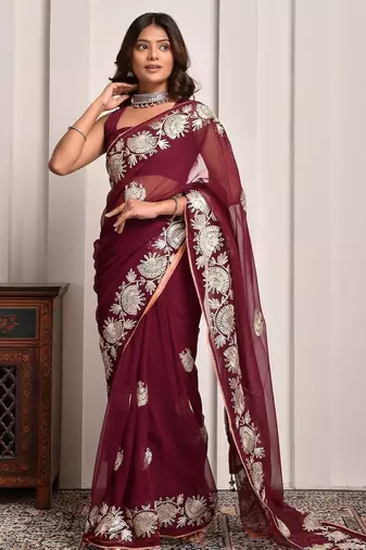 Luxe maroon gota accented georgette saree with unstitched blouse piece