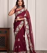 Luxe maroon gota accented georgette saree with unstitched blouse piece