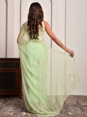 Pista green hand embellished chiffon saree 4