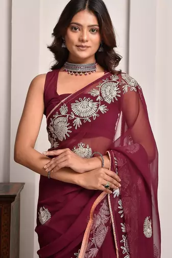 Luxe maroon gota accented georgette saree with unstitched blouse piece
