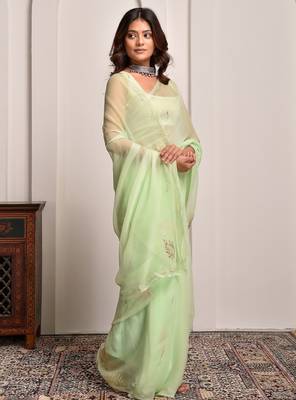 Pista green hand embellished chiffon saree 5