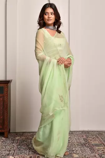 Pista green hand embellished chiffon saree