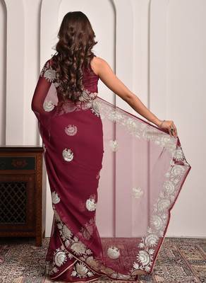 Luxe maroon gota accented georgette saree with unstitched blouse piece 4