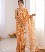 Chiffon digital print scallped border foil mirror work saree