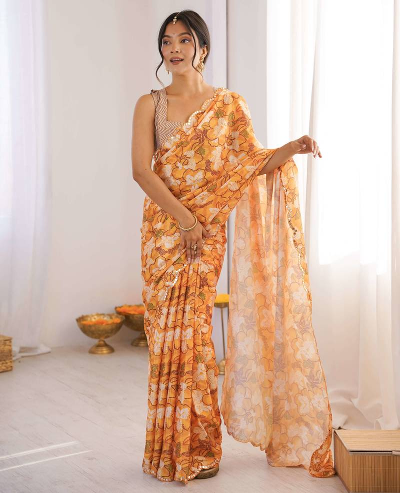 Chiffon digital print scallped border foil mirror work saree