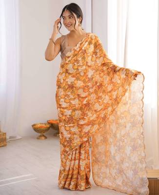 Chiffon digital print scallped border foil mirror work saree 2
