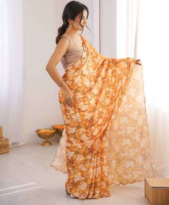 Chiffon digital print scallped border foil mirror work saree 3
