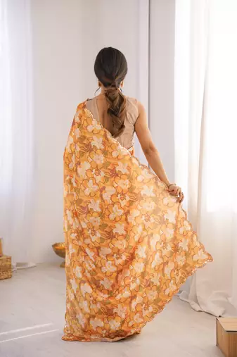 Chiffon digital print scallped border foil mirror work saree