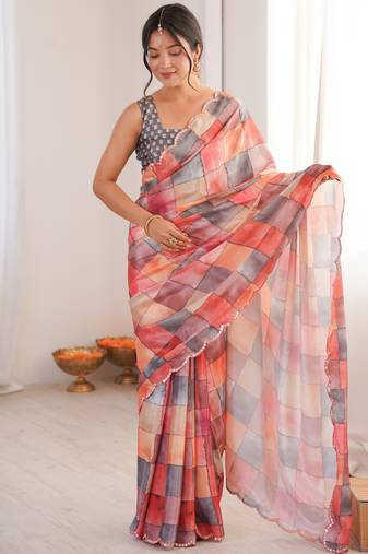 Chiffon digital print scallped border foil mirror work saree