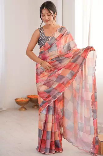 Chiffon digital print scallped border foil mirror work saree