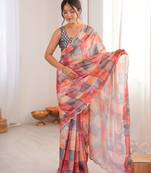 Chiffon digital print scallped border foil mirror work saree