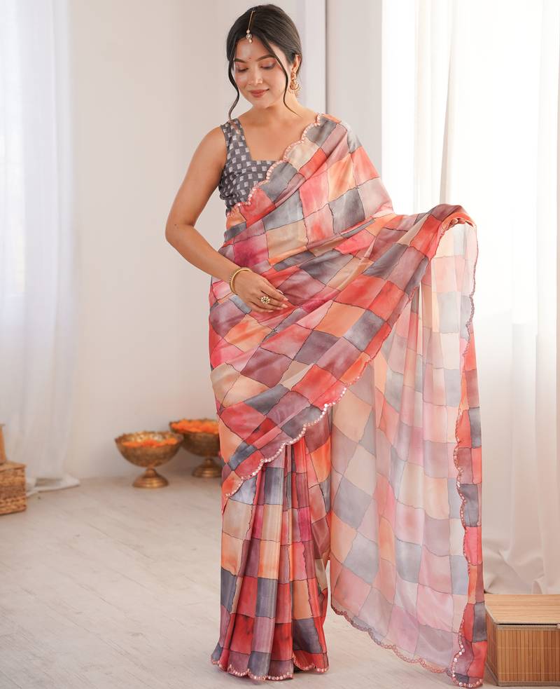Chiffon digital print scallped border foil mirror work saree