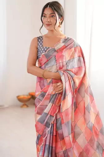 Chiffon digital print scallped border foil mirror work saree