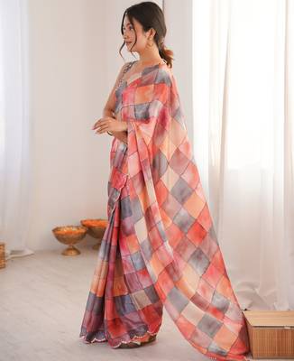 Chiffon digital print scallped border foil mirror work saree 4