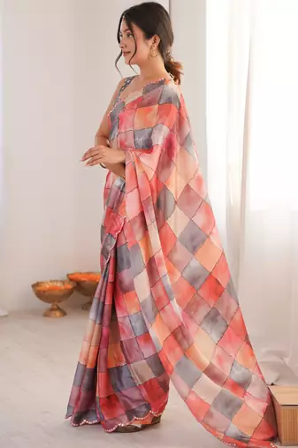 Chiffon digital print scallped border foil mirror work saree